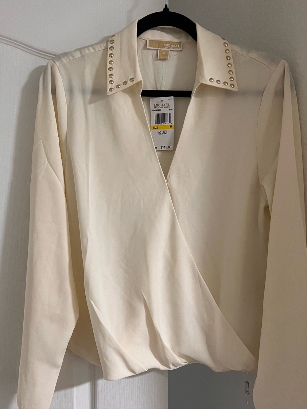 Michael Kors Cream Stud Collar Wrap-Style Blouse